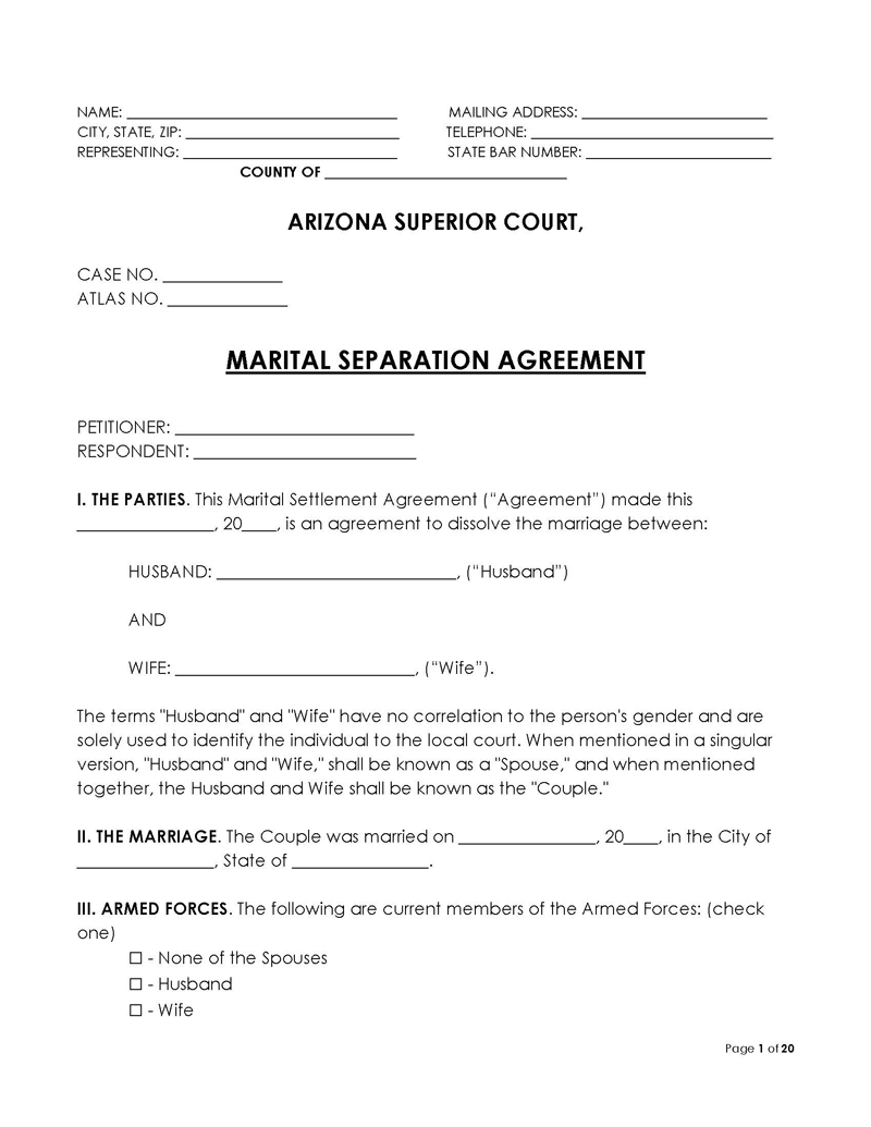 Arizona Divorce Settlement Agreement