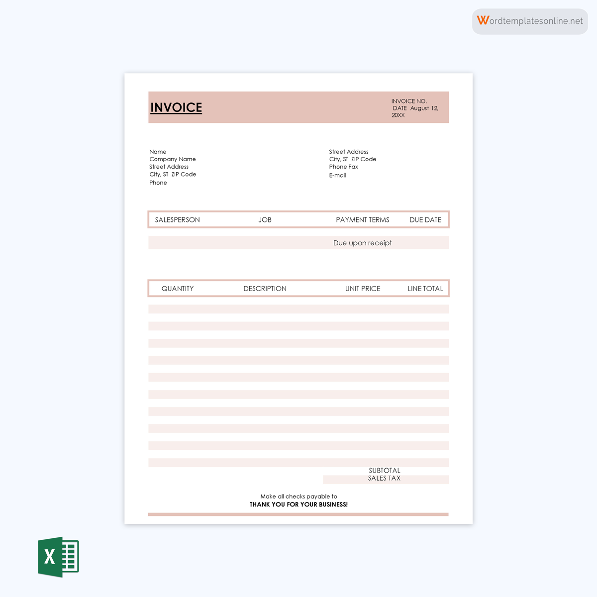 Printable Blank Invoice Template 40 for Excel File