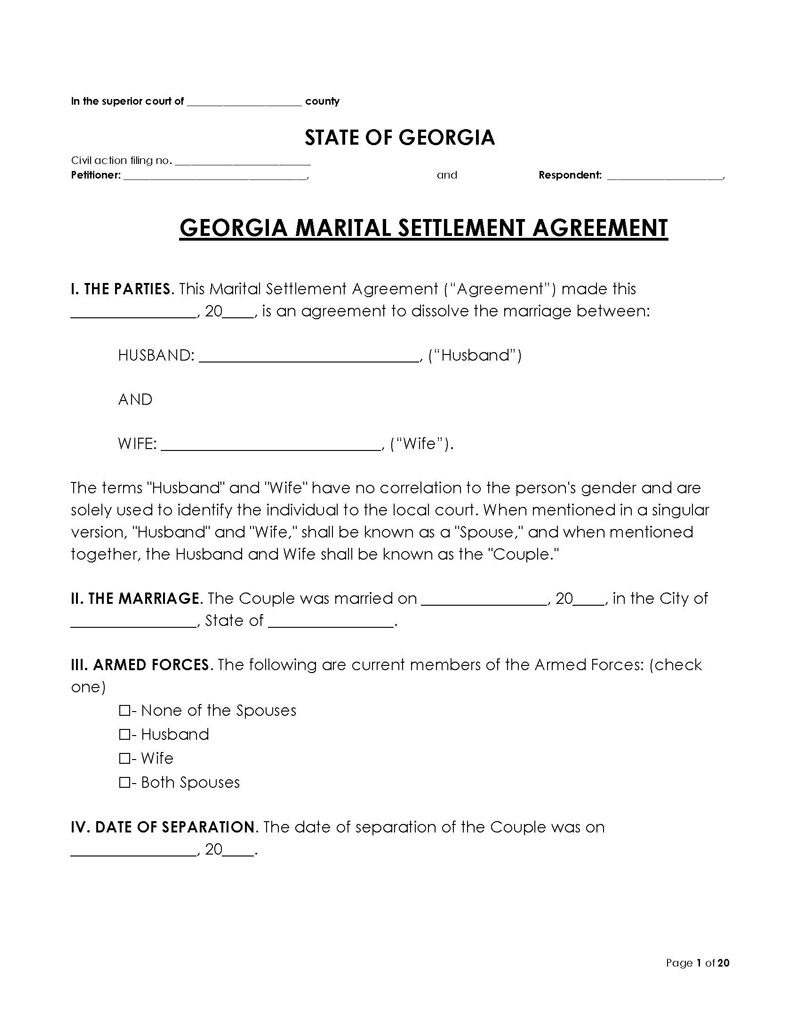 Georgia Divorce Settlement Agreement