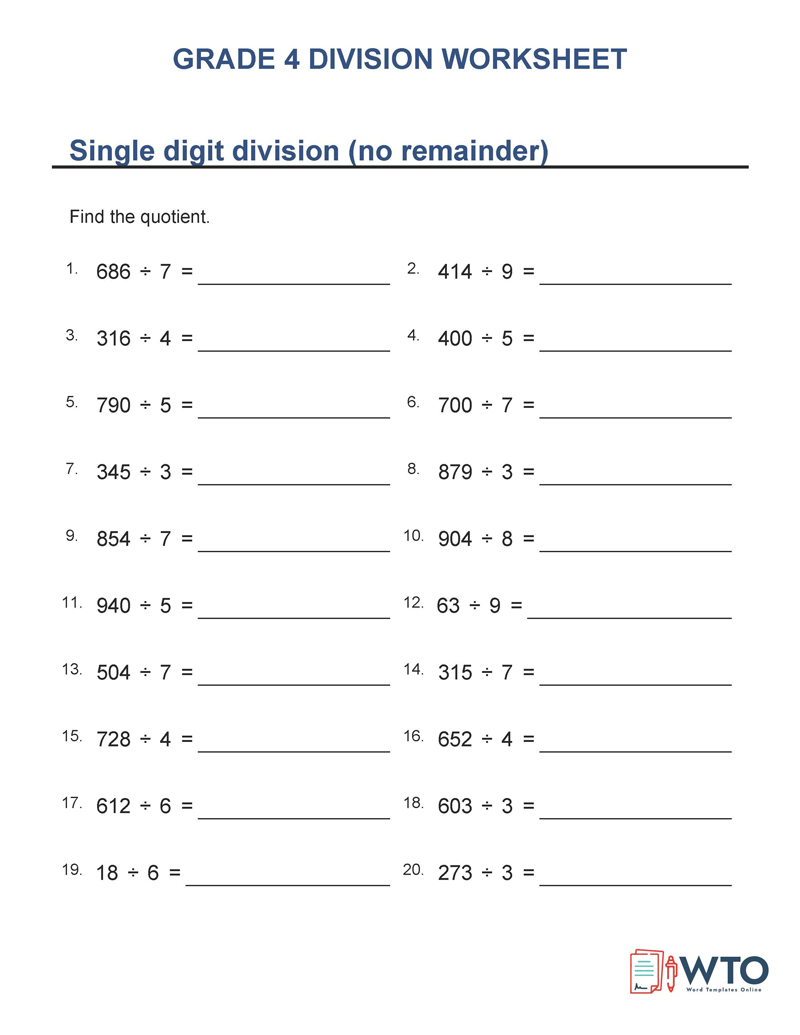 Great Customizable Grade 4 Long Division by Single Digit Worksheet 04 in Pdf Format