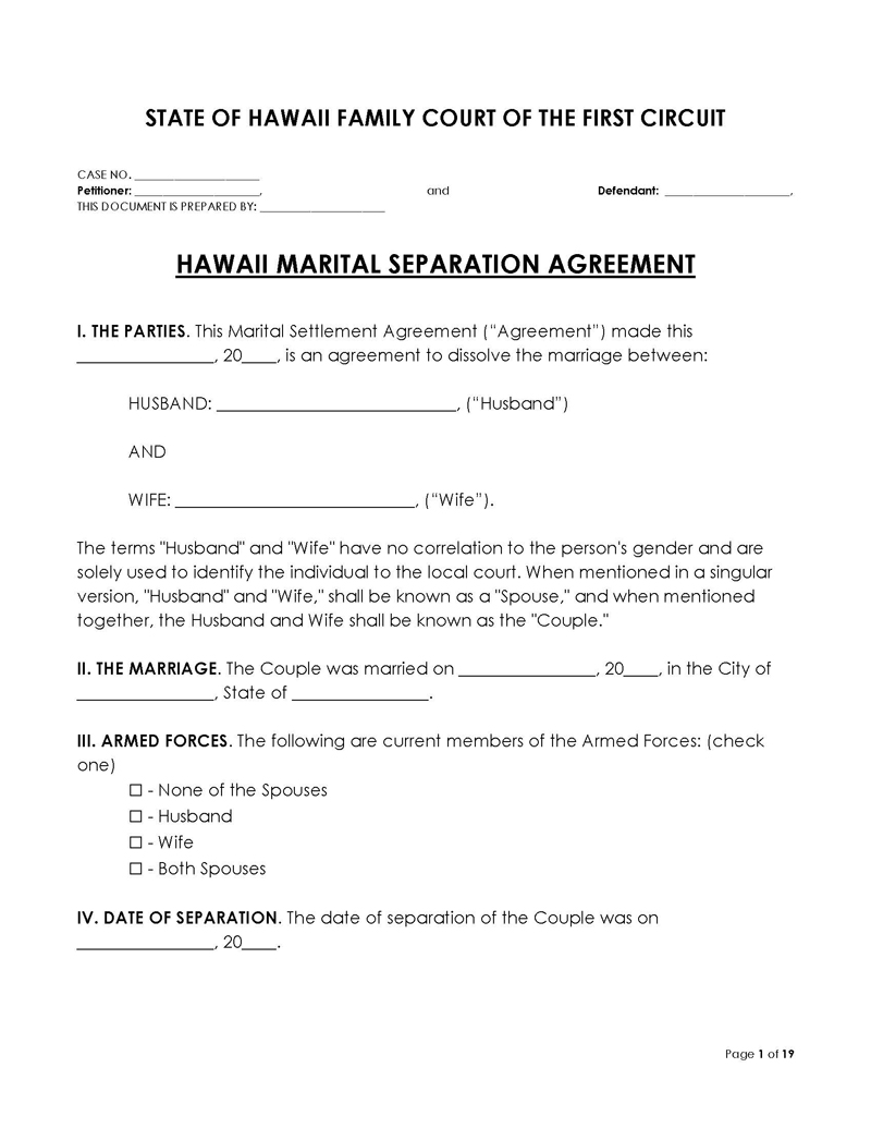 Hawaii Divorce Settlement Agreement