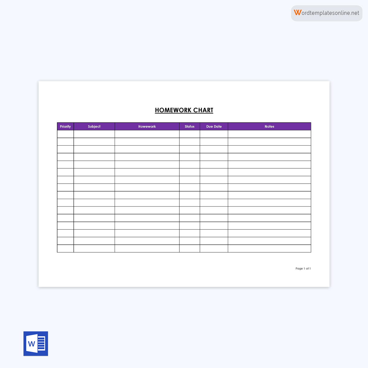 Free Printable Homework Planner Template 01 for Word File