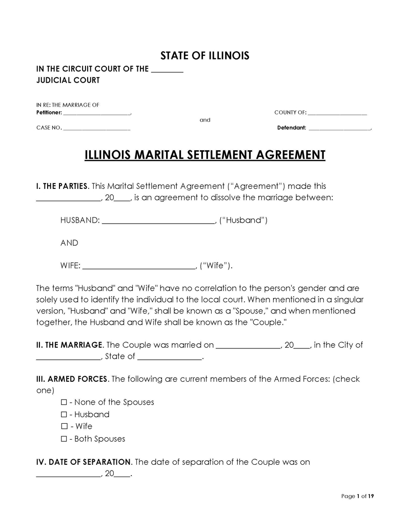 Illinois Divorce Settlement Agreement