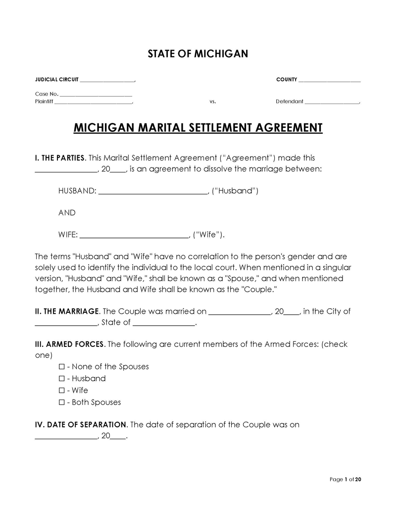 Michigan Divorce Settlement Agreement