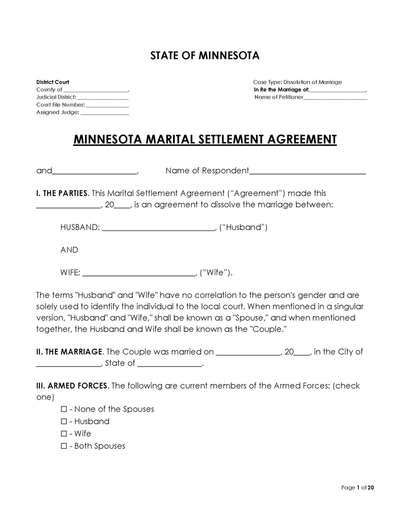 Minnesota Divorce Settlement Agreement