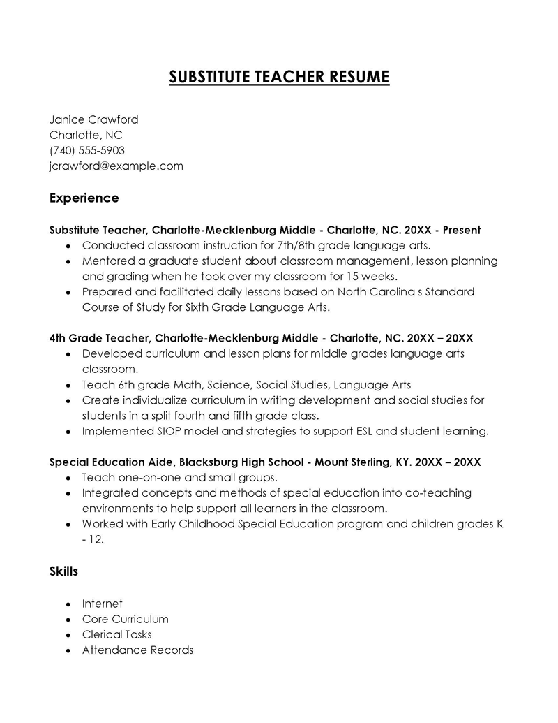 Free Customizable Middle School Substitute Teacher Resume Sample as Word Document