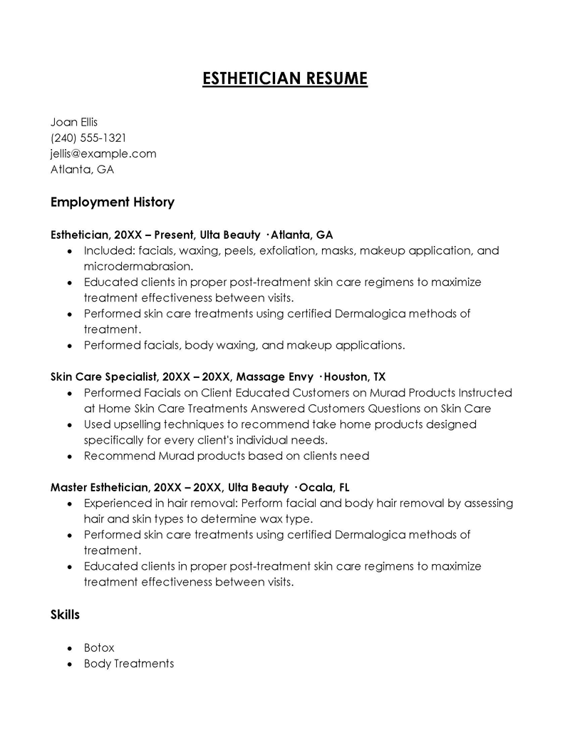 Great Professional Esthetician Resume Example 14 as Word Format