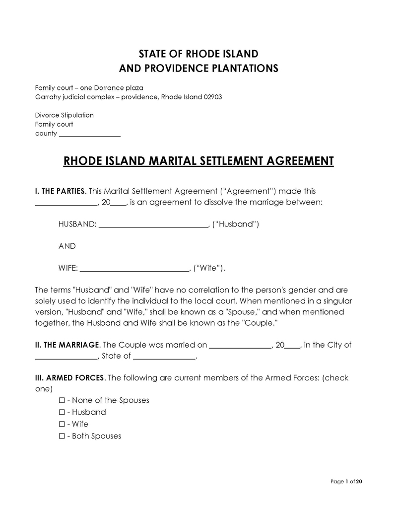 Rhode Island Divorce Settlement Agreement