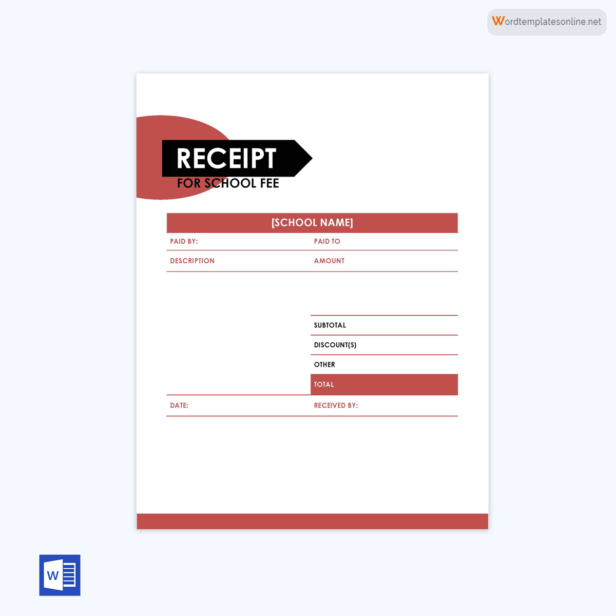 Professional School Fee Receipt Template 03 for Word File