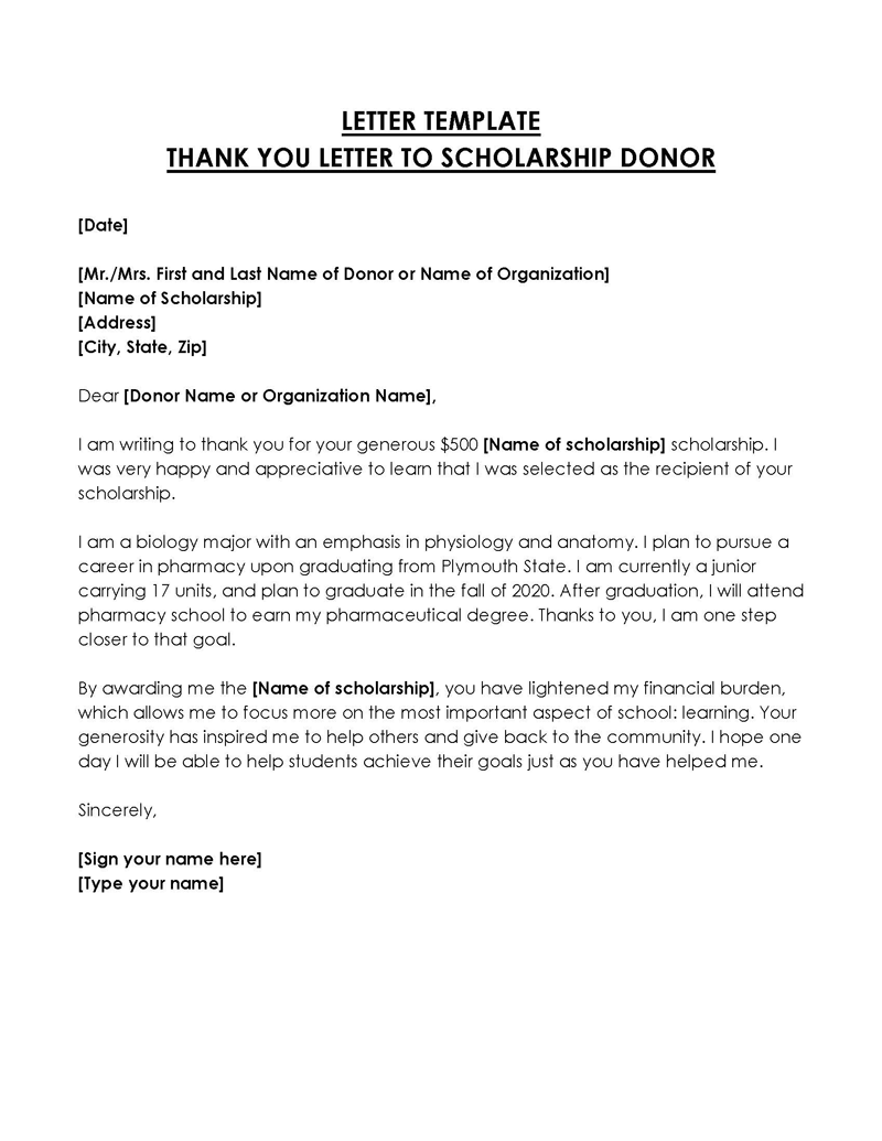 Free Printable Biology Major Scholarship Donor Thankyou Letter Template as Word Document