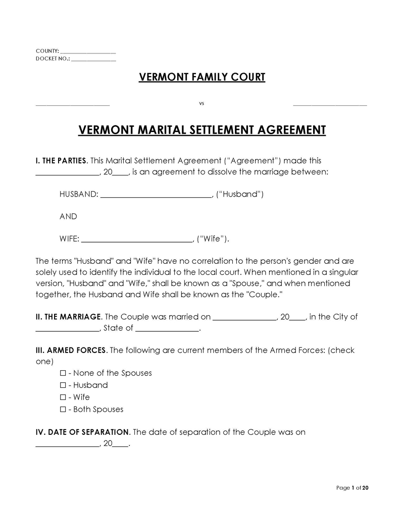 Vermont Divorce Settlement Agreement