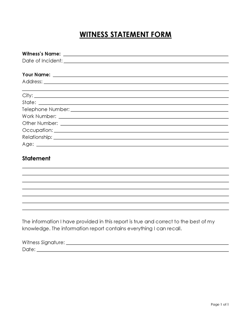 Professional Editable Witness Statement Form 01 as Word File