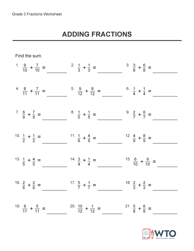 Free Grade Three Fraction Worksheet Template for Pdf File