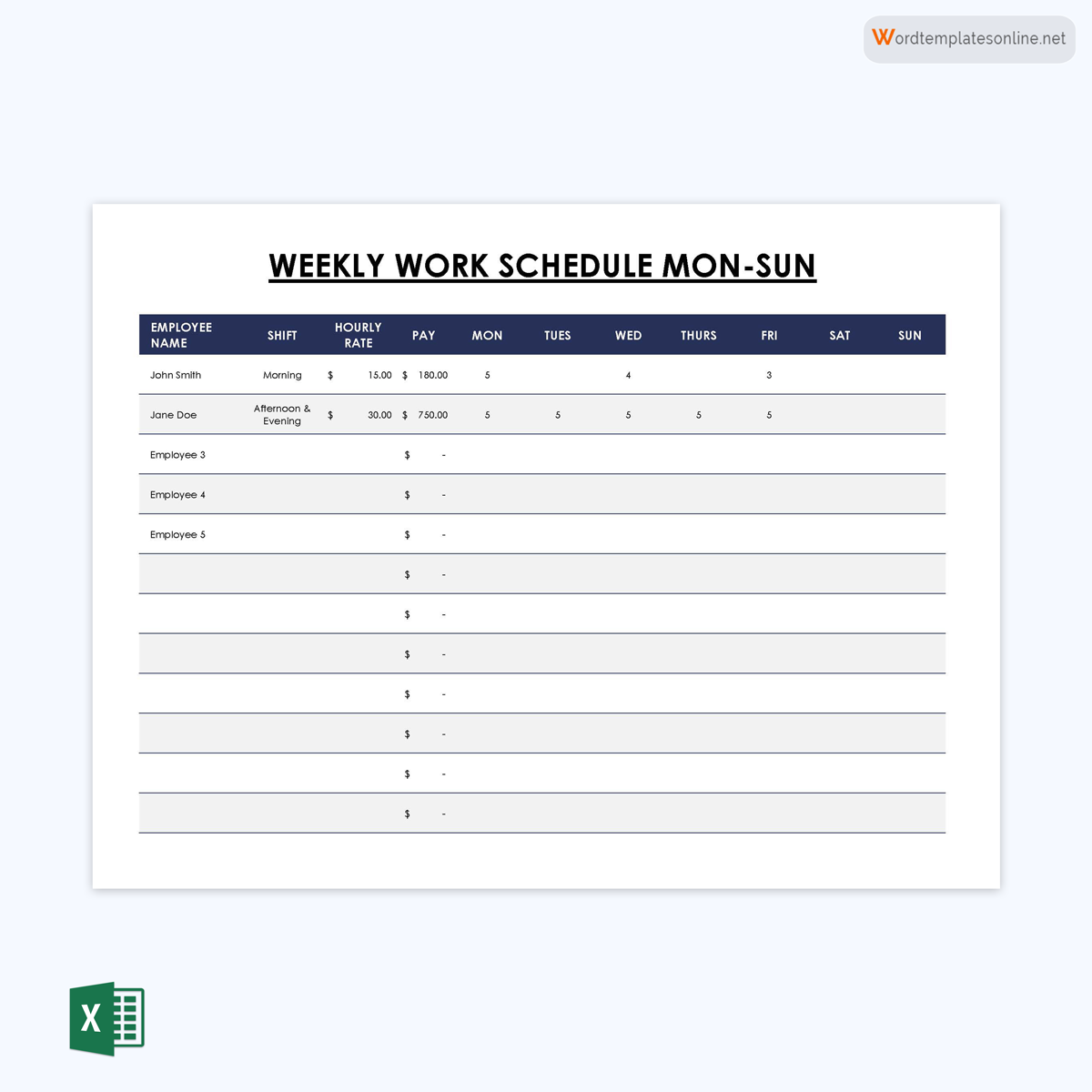 Professional Printable Weekly Employee Work Schedule Template 04 for Excel Format