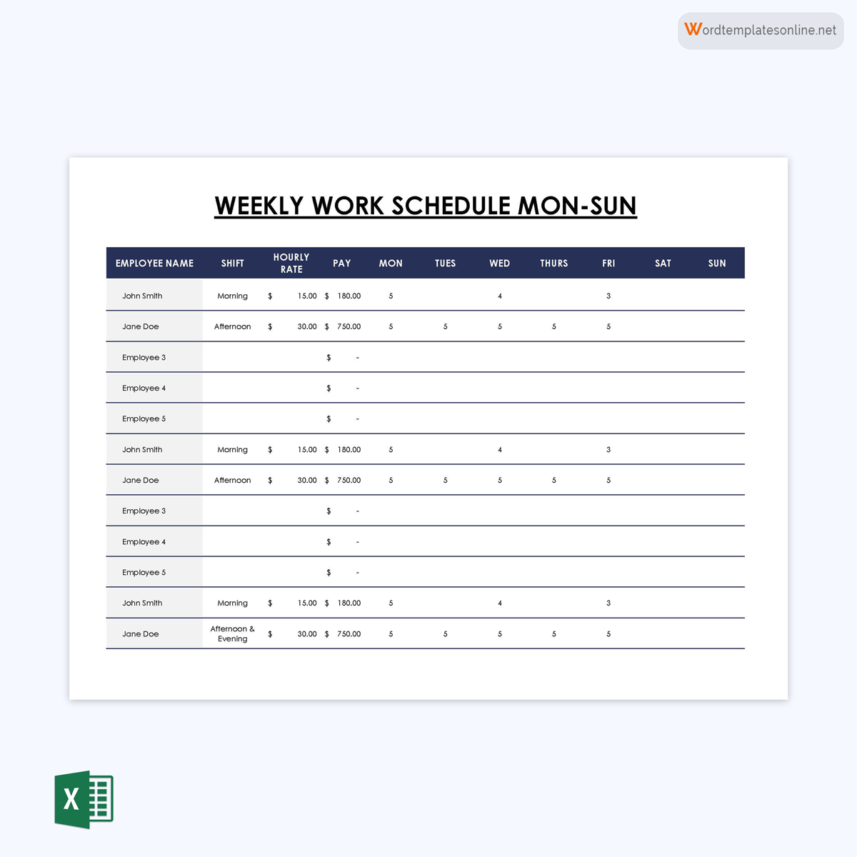 Professional Printable Weekly Employee Work Schedule Template 05 for Excel Format