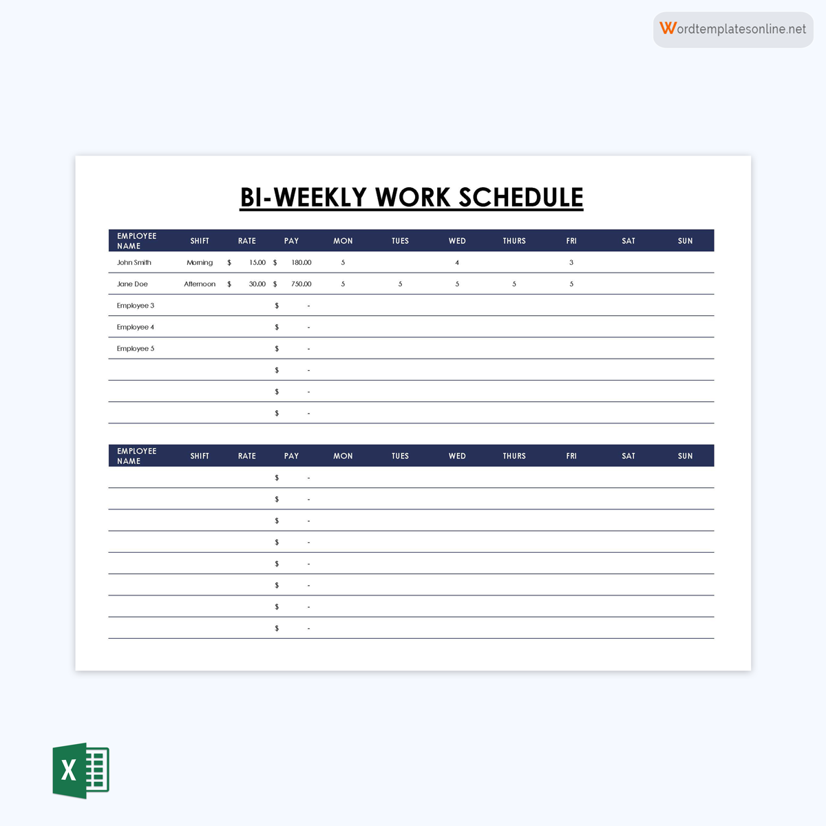Free Fillable Bi-Weekly Employee Work Schedule Template as Excel Sheet