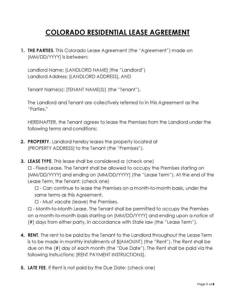 Printable Colorado Residential Lease Agreement Template 01 for Word File