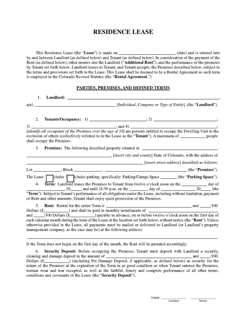 Downloadable Colorado Residential Lease Agreement Template 03 for Pdf File