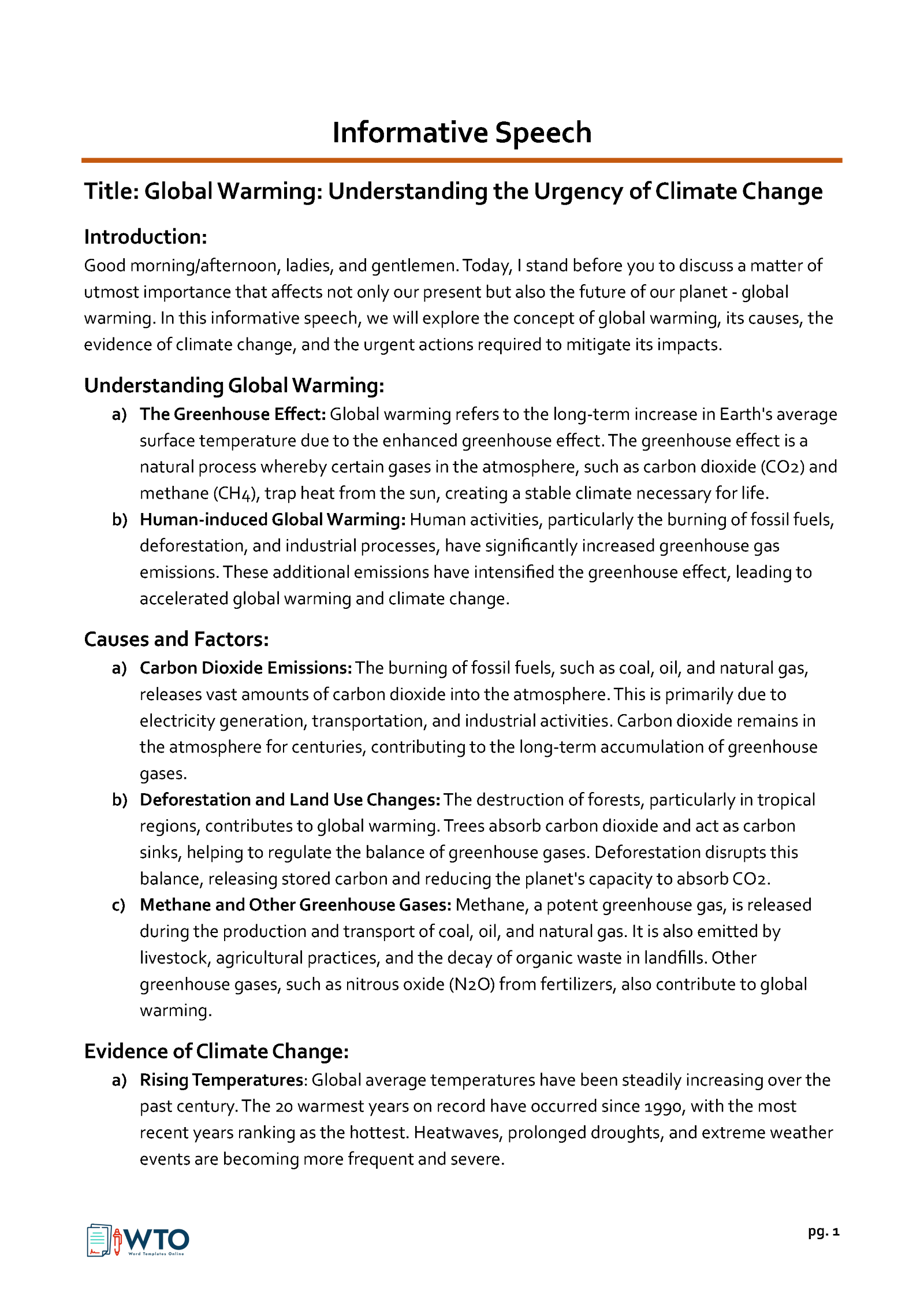 Great Comprehensive Global Warming Speech Outline Example for Word File