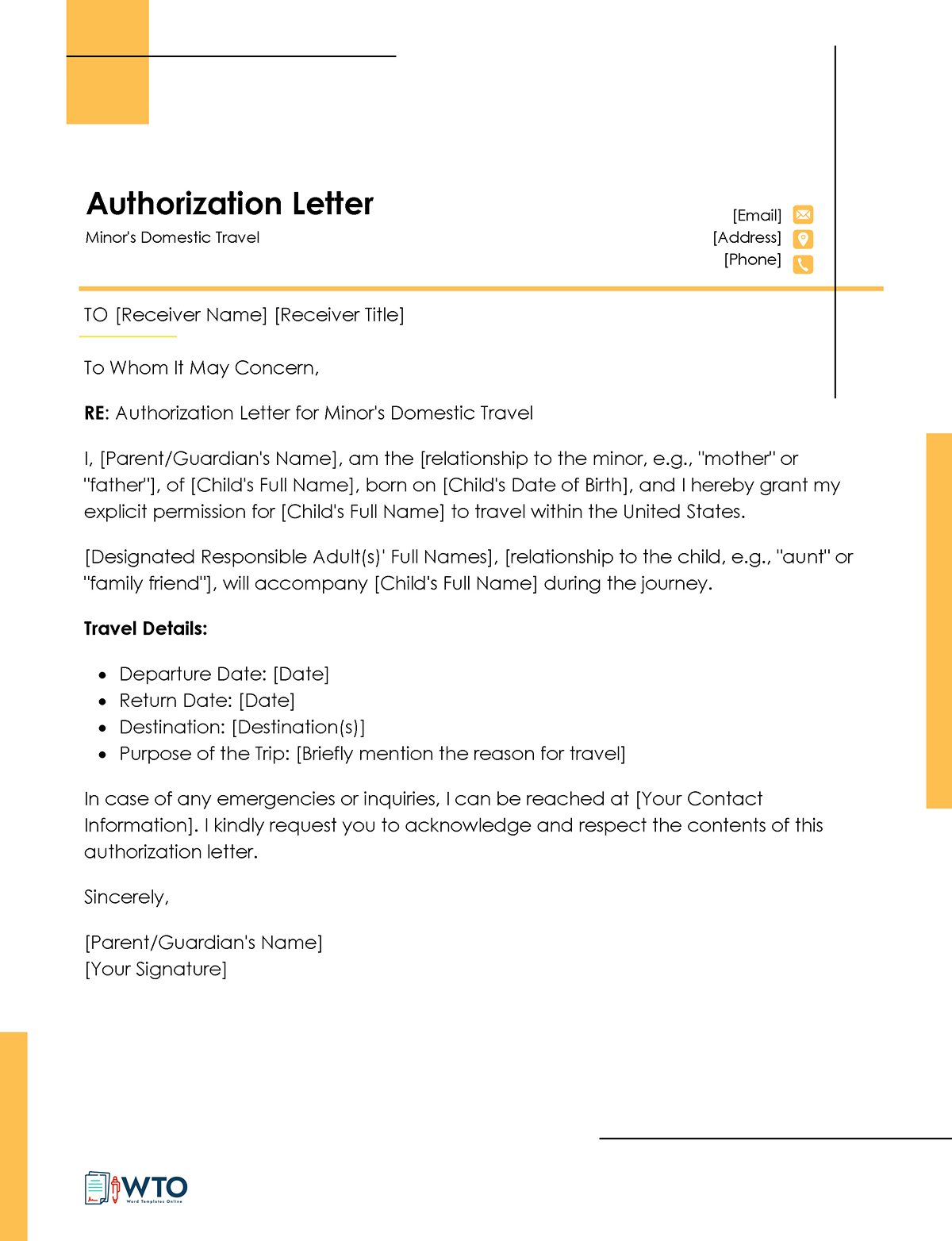 Authorization Letter toTravel with Minor Template-Free Download