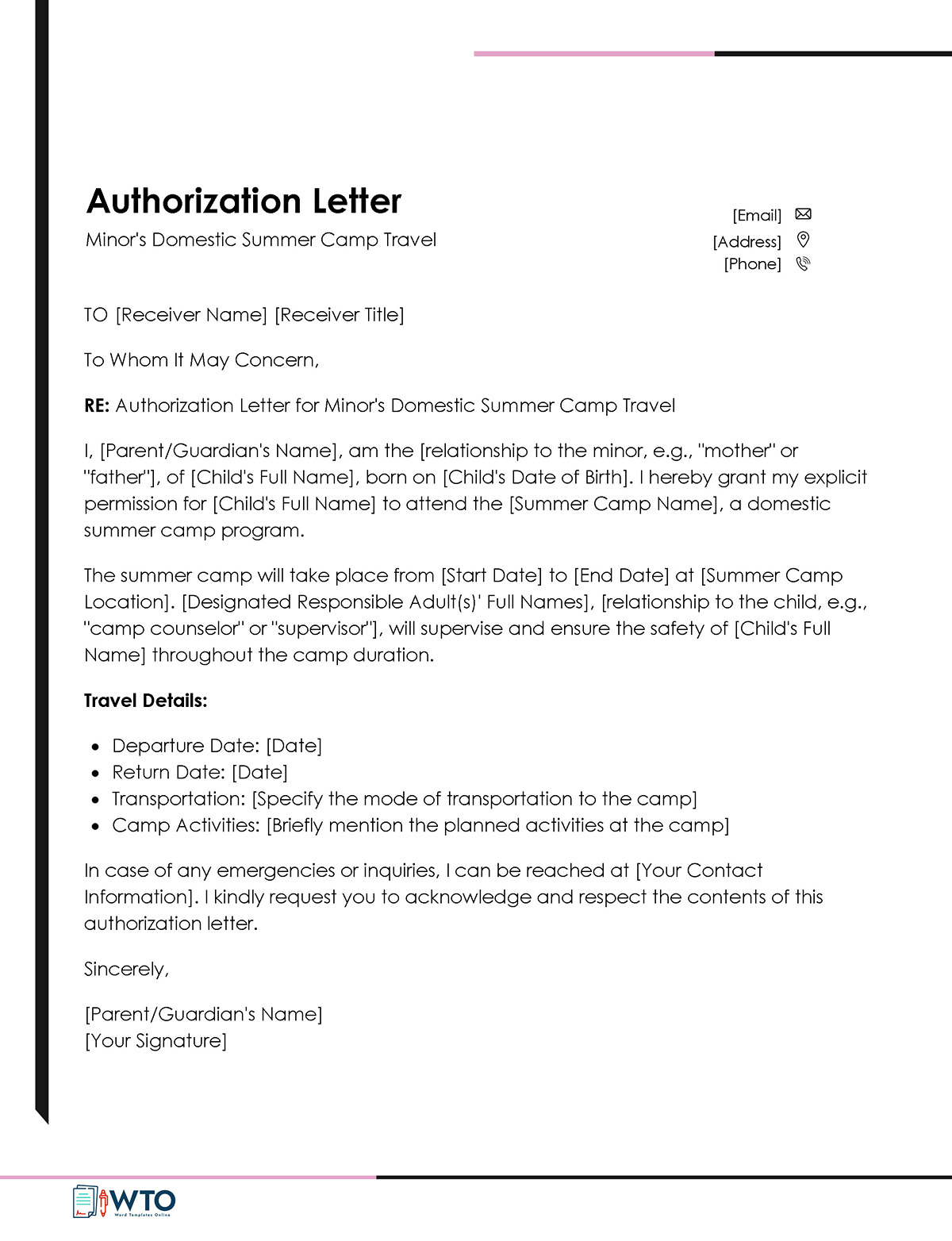 Authorization Letter toTravel with Minor Template-Word Format