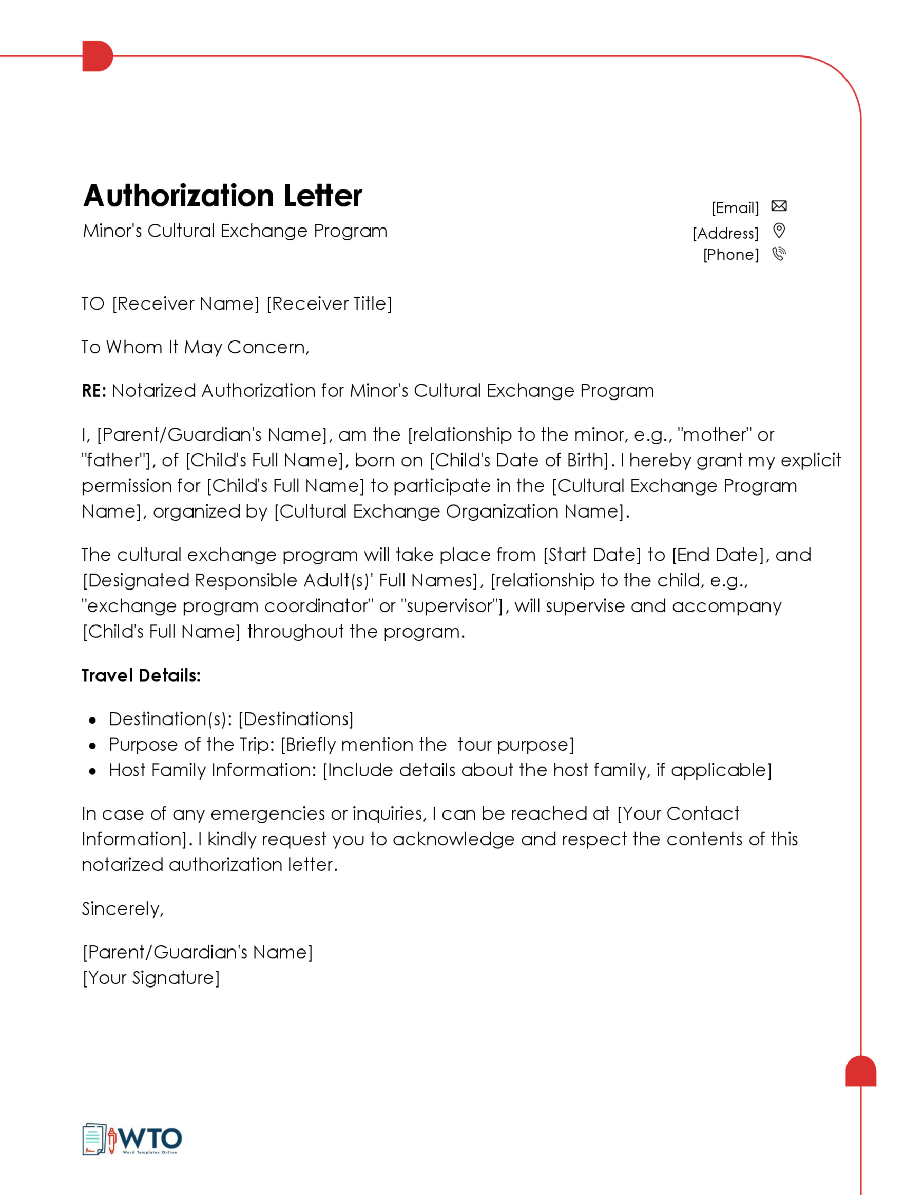 Authorization Letter toTravel with Minor Template-Downloadable word format
