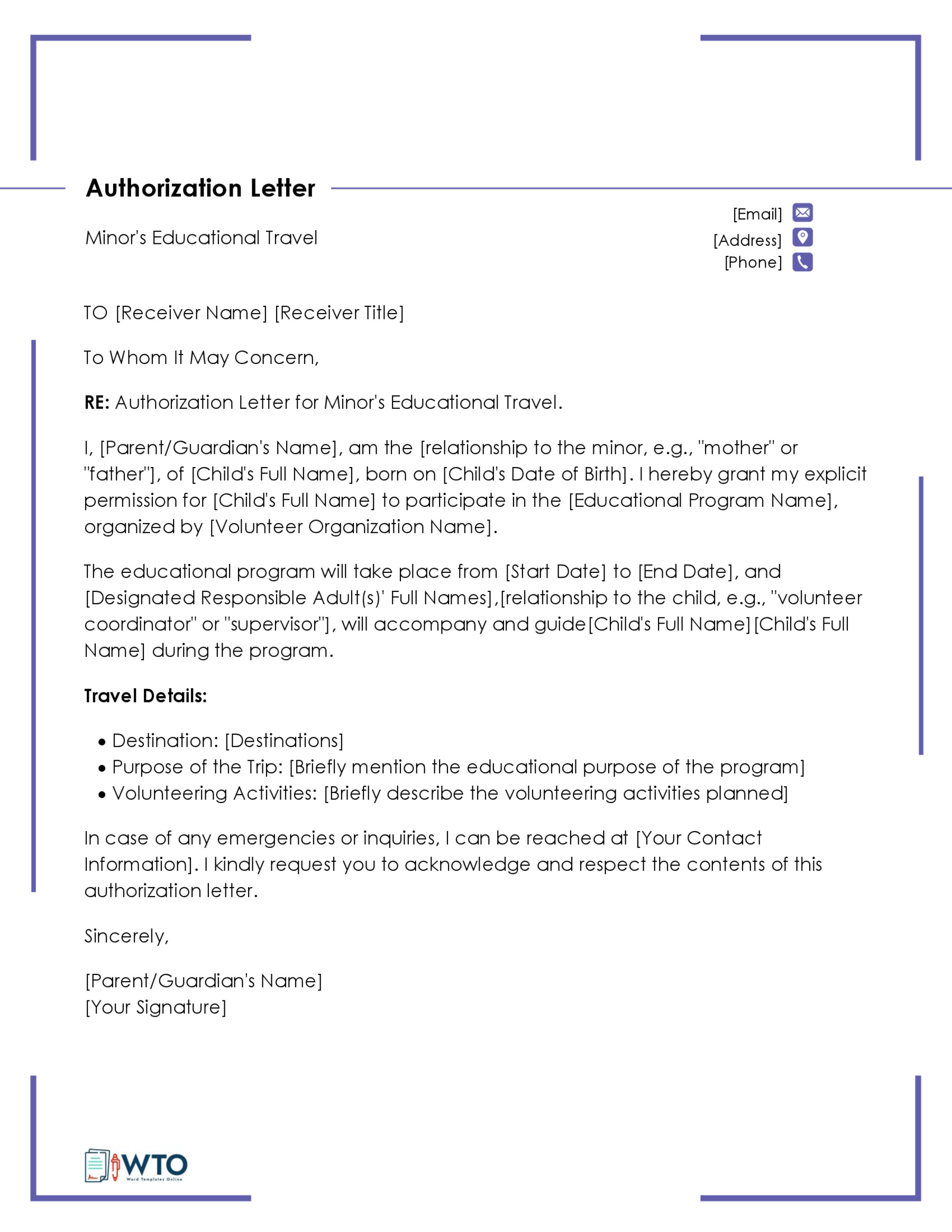 Authorization Letter toTravel with Minor Template-Free Downloadable