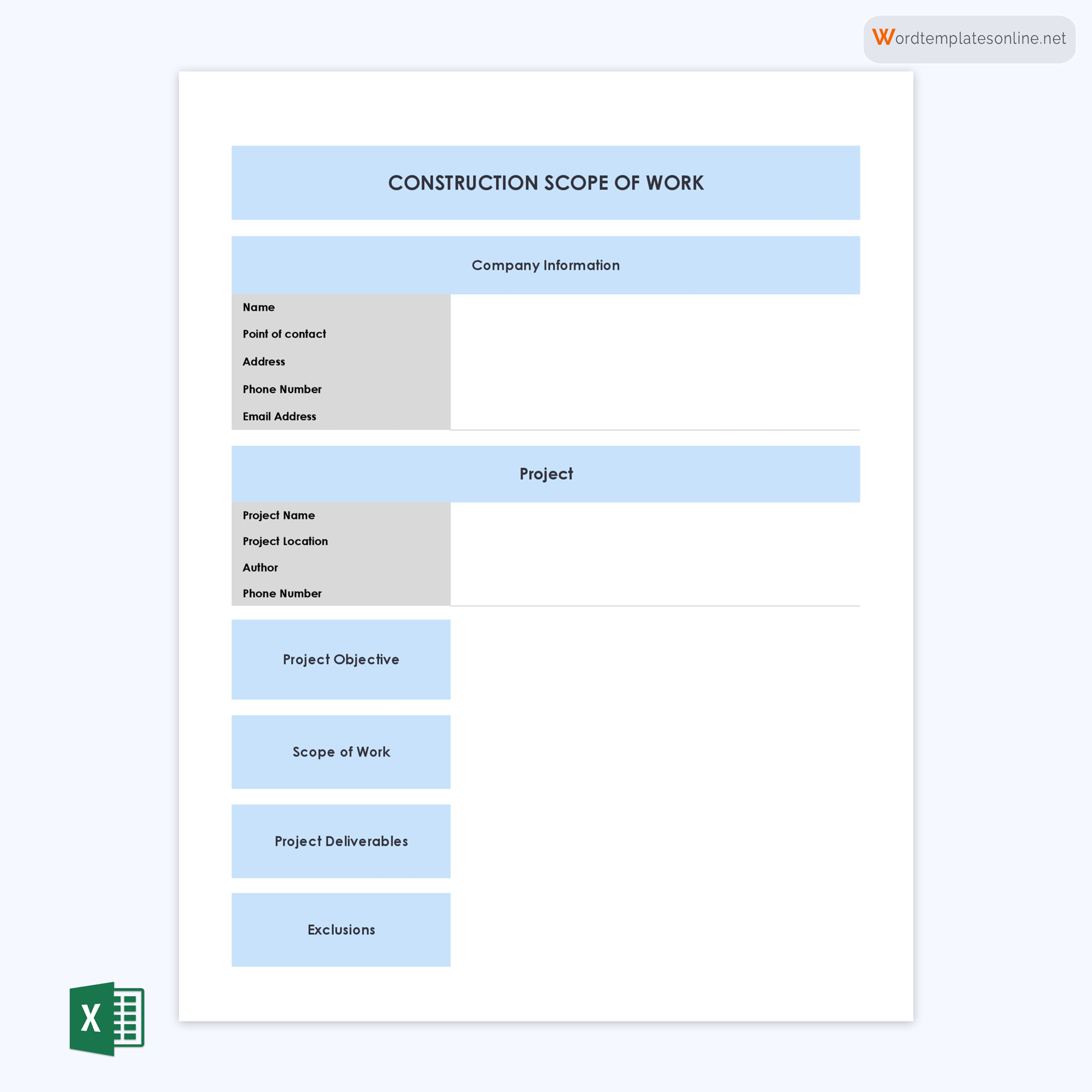 Printable Construction Scope of Work Format Sample in Excel