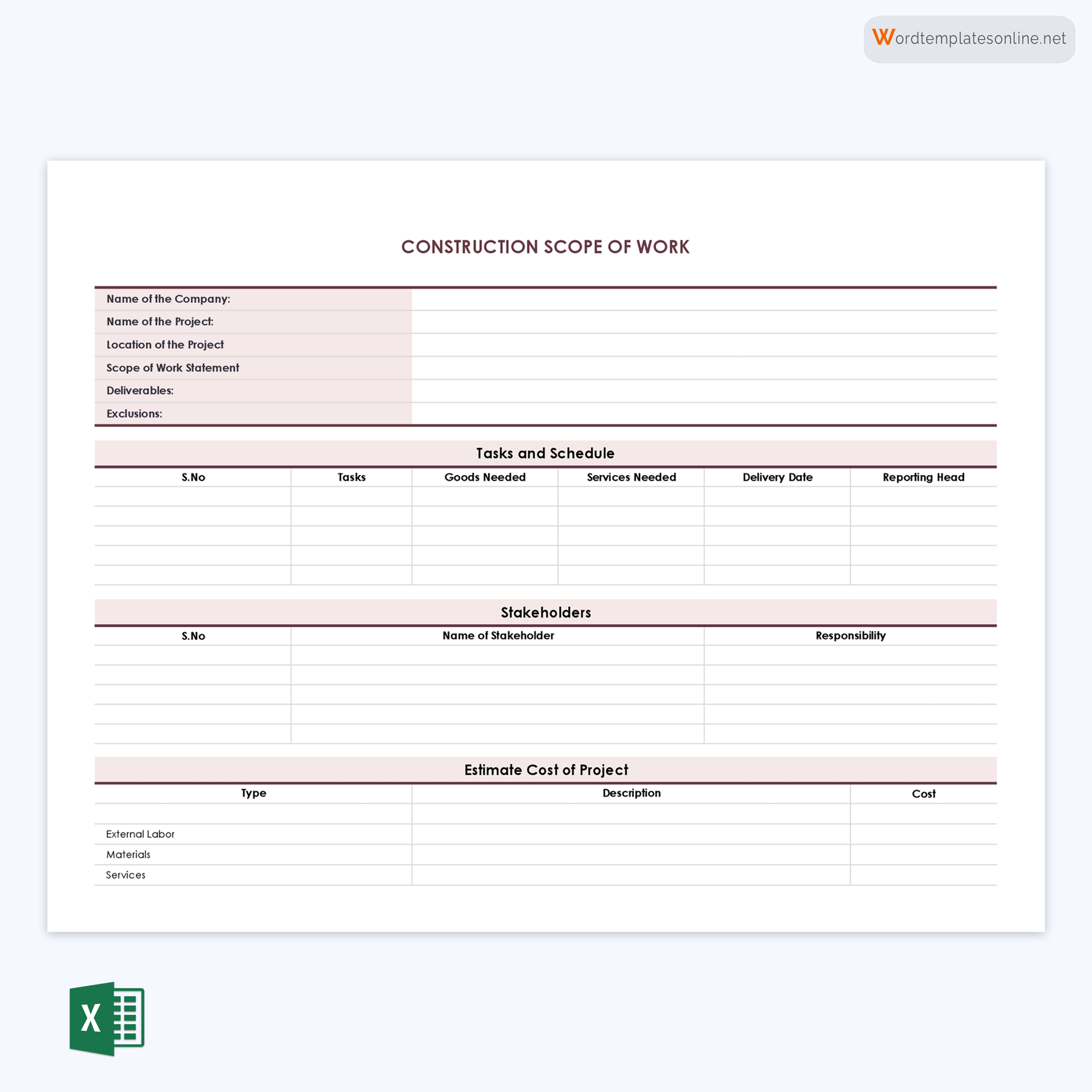 Editable Construction Scope of Work Template in Excel
