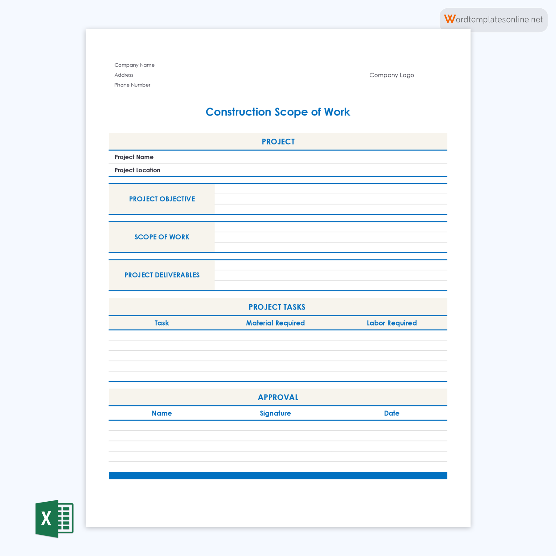 Construction Scope of Work Template - Printable and Editable in Excel