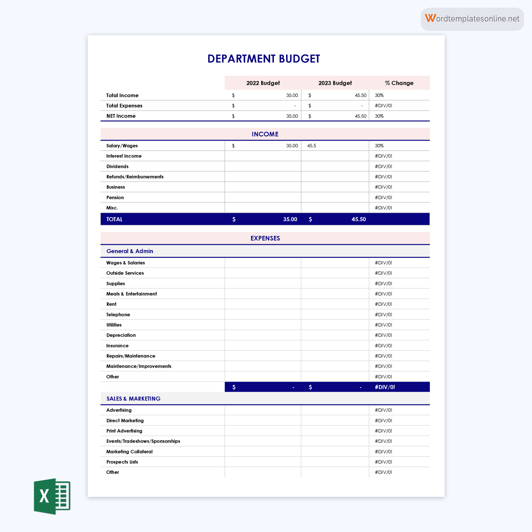 Free Department Budget Template Example in Excel