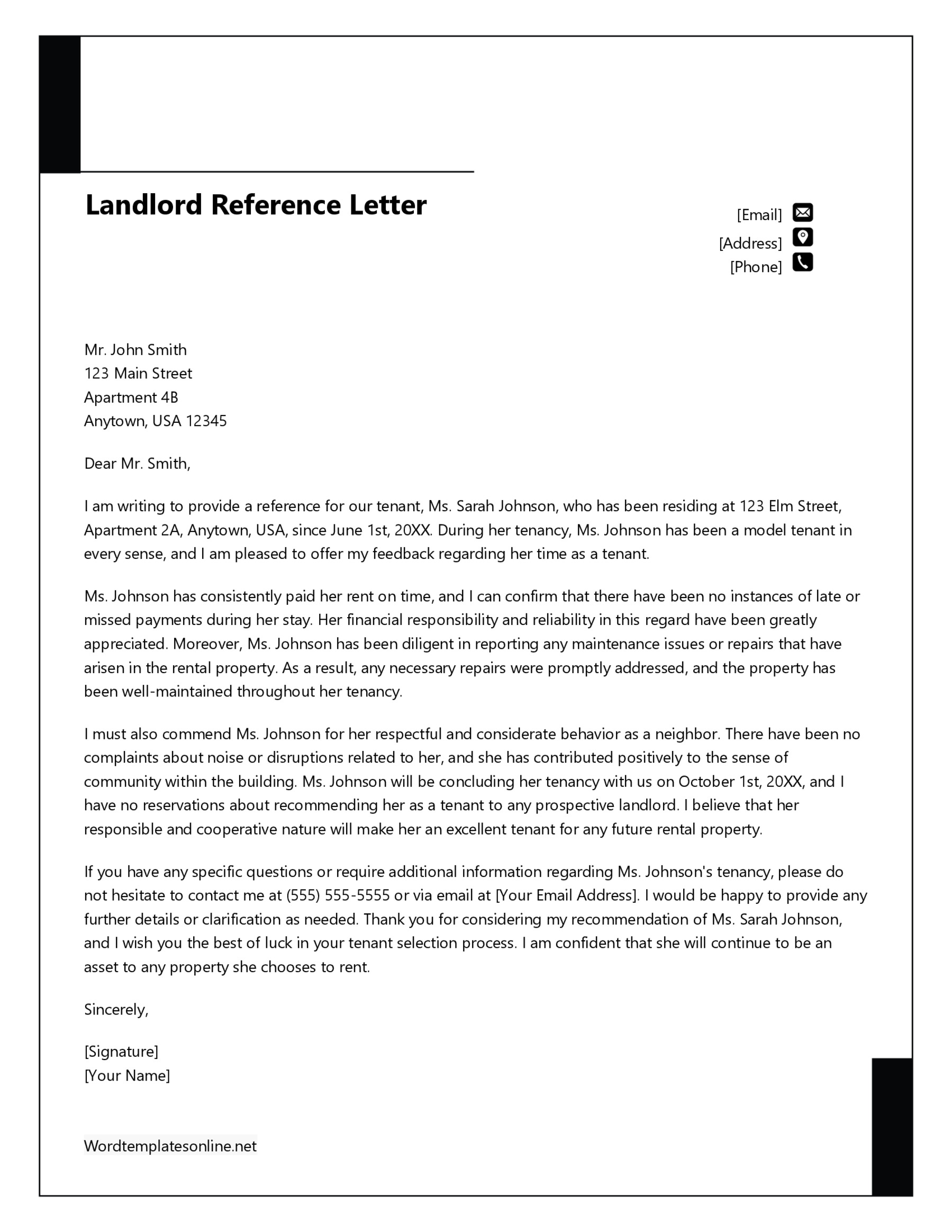 Editable Landlord Reference Letter Template in Word