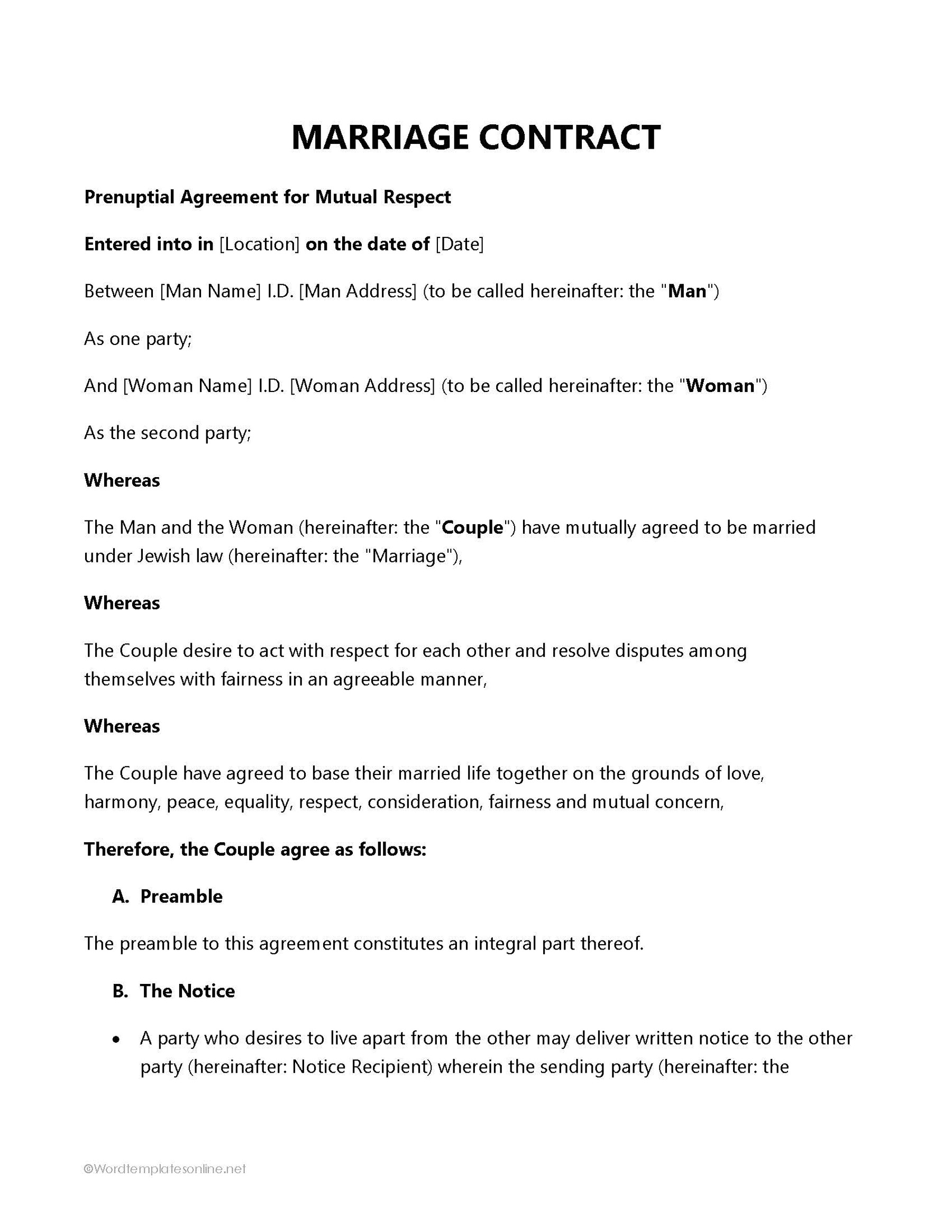 Printable Marriage Contract Format Sample