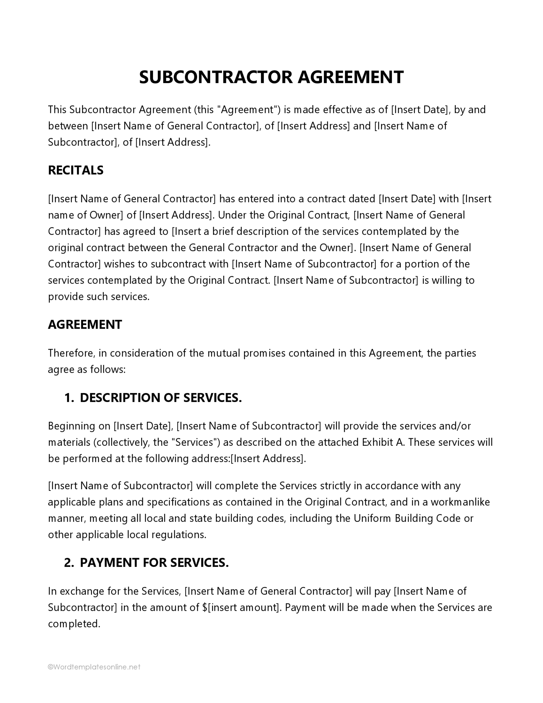 Printable Subcontractor Agreement Format Sample