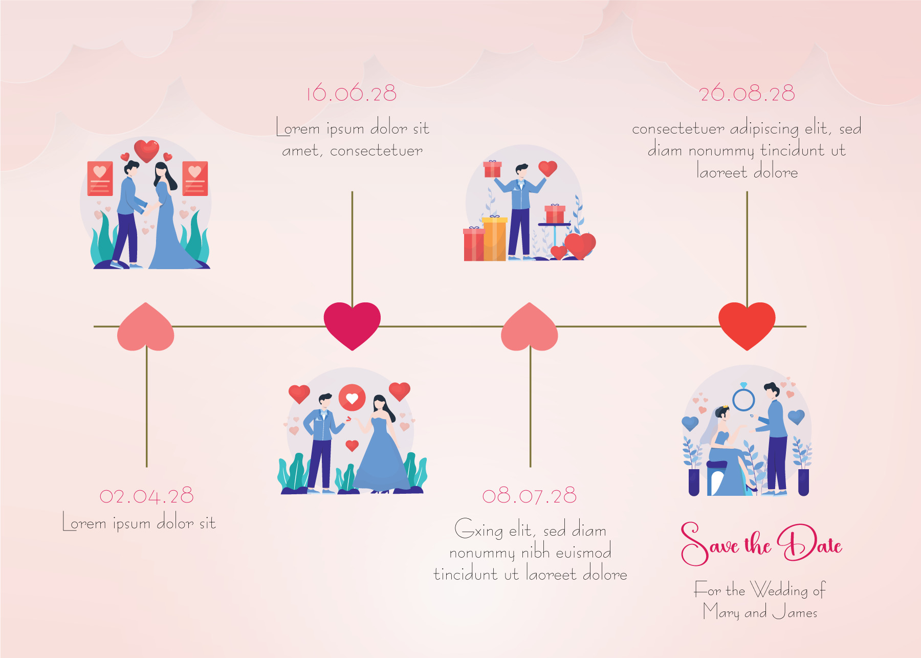 Colorful Love Story Milestones Timeline Template - Customizable - Adobe Illustrator 