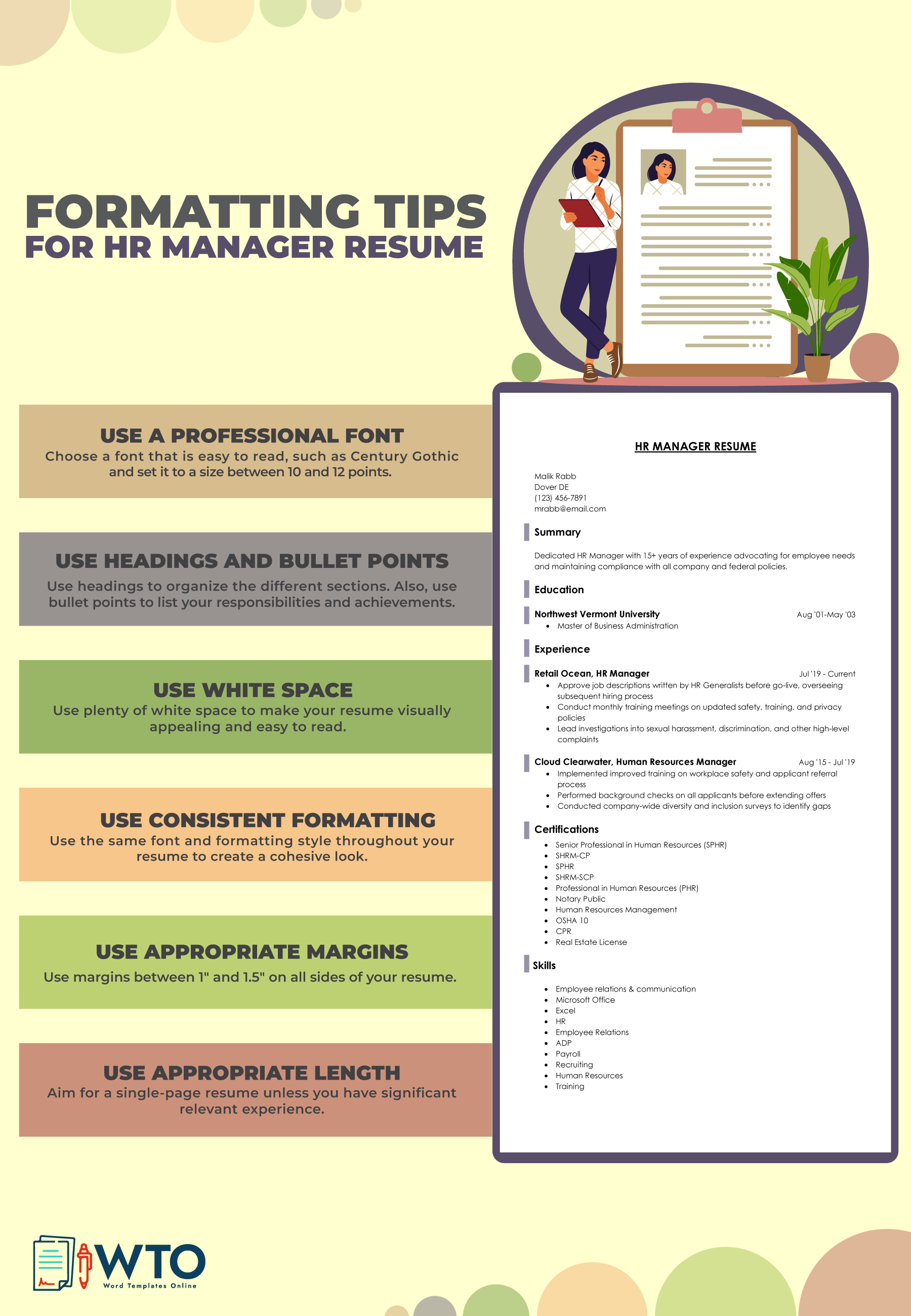 This infographic tells the formatting tips for HR Manager Resume.