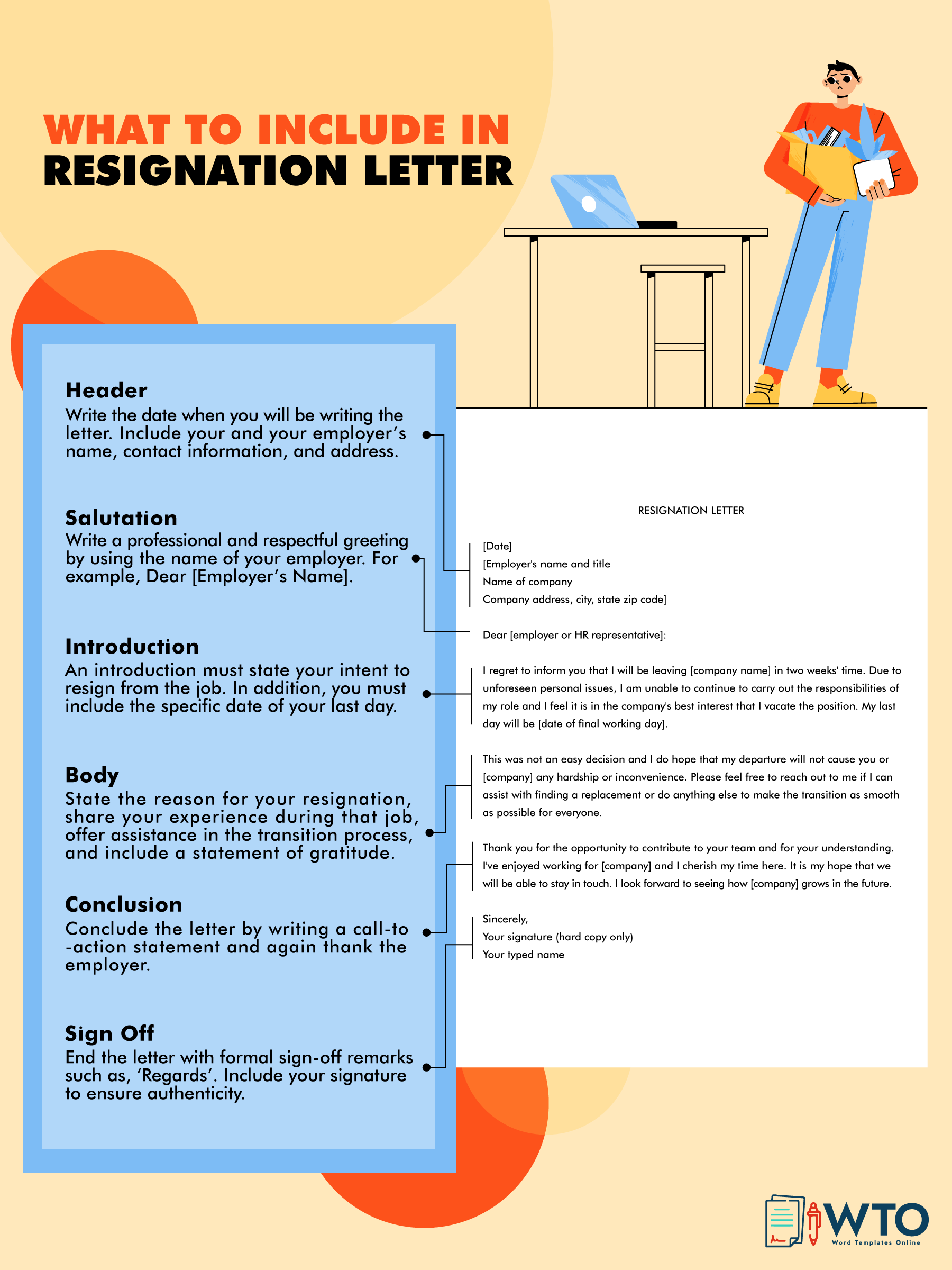 This infographic tells about what to include in a resignation letter.