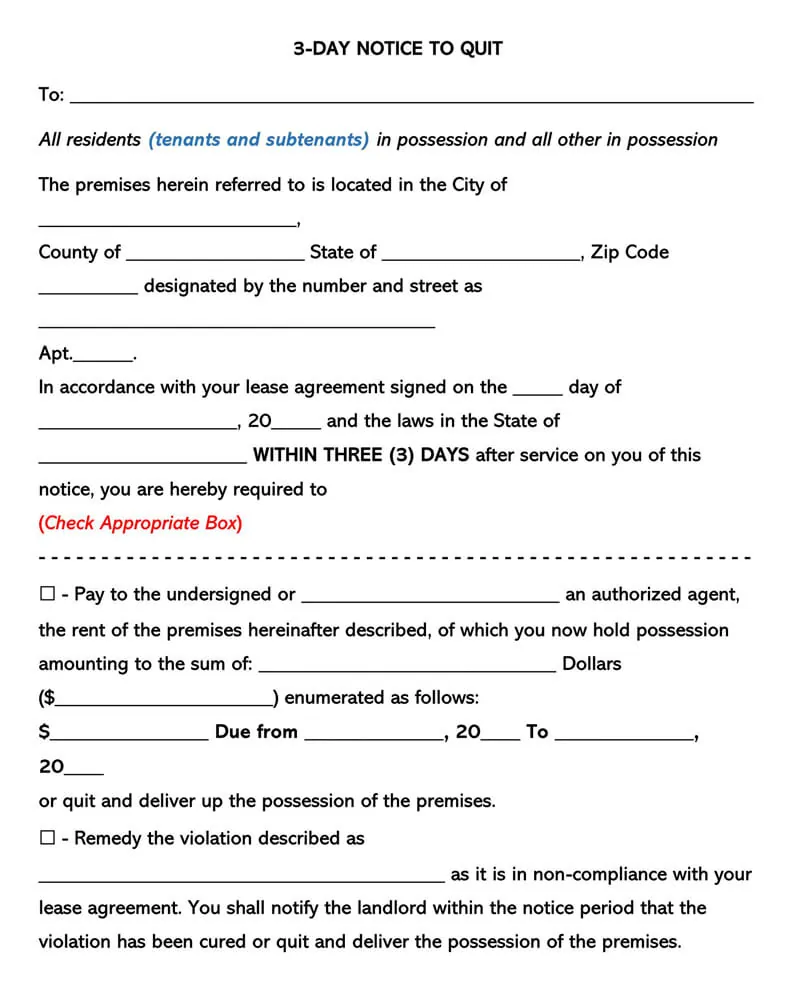 free eviction notice notice to quit forms word pdf