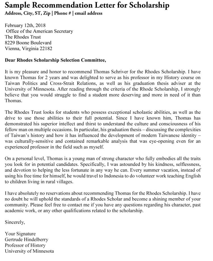 Premium Thomas Rhodes Scholarship Recommendation Letter Sample for Word Document