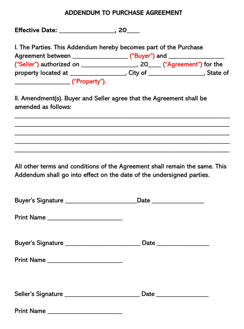 Free Printable Purchase Agreement Addendum Template as Word Document