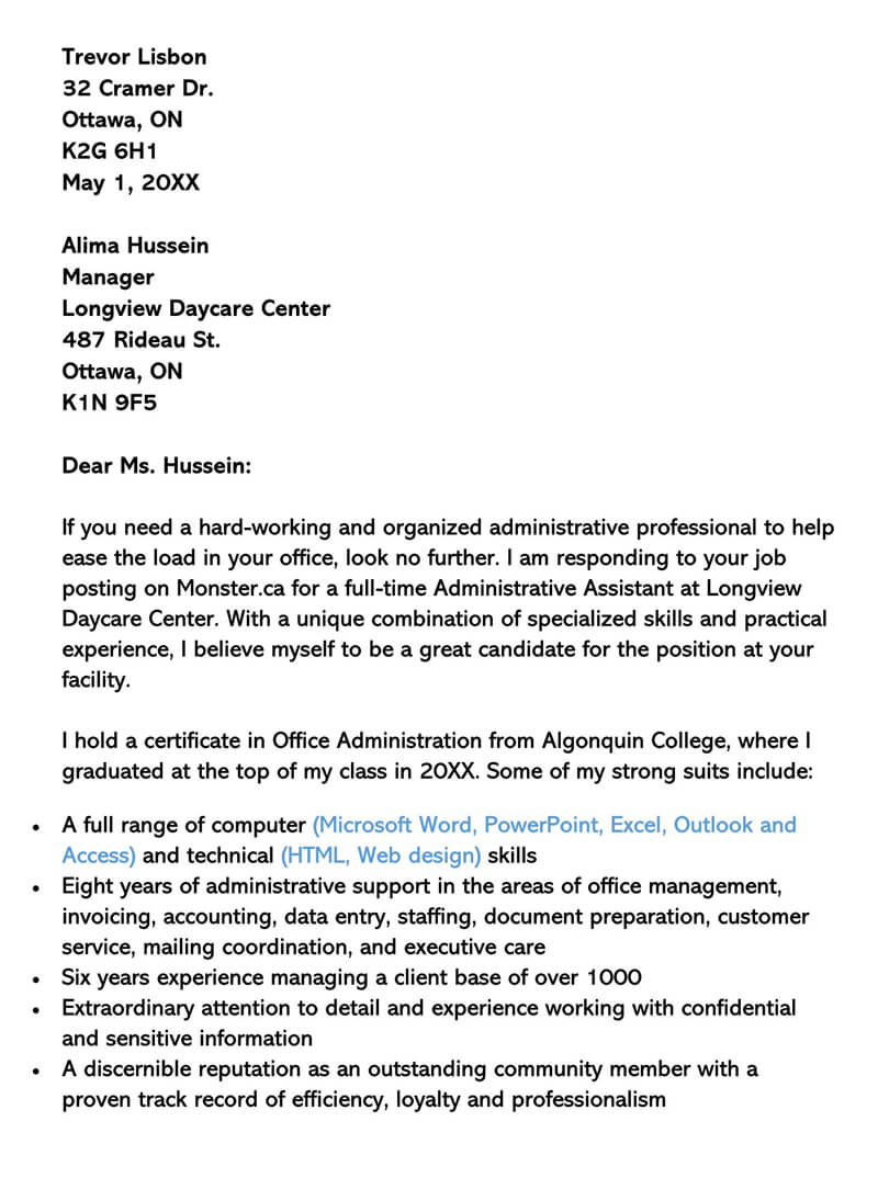 Free Clerical Cover Letter Example 01 for Word