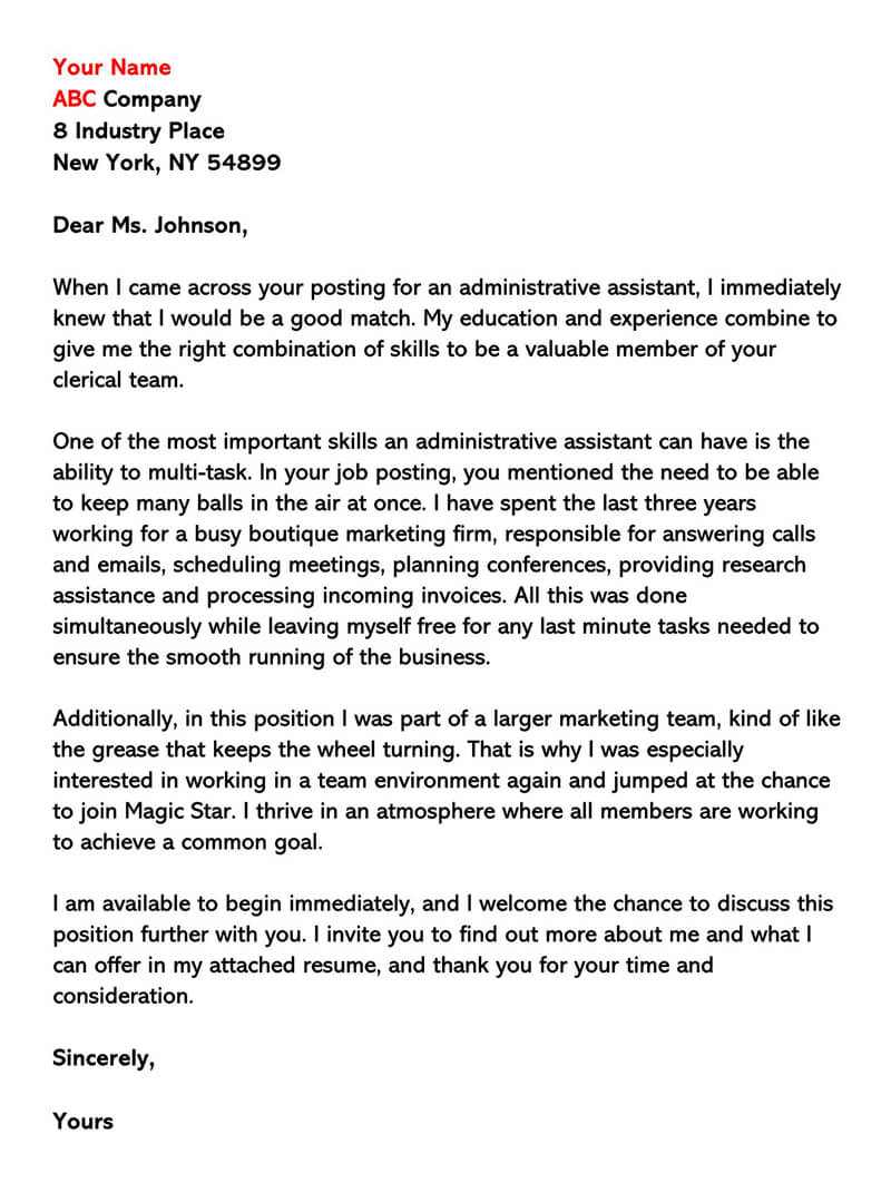 Editable Clerical Cover Letter Example 02 for Word