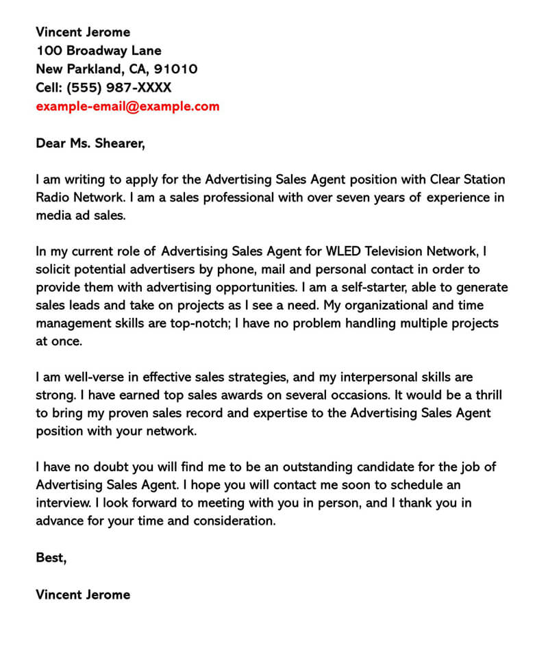 cover letter example for sales