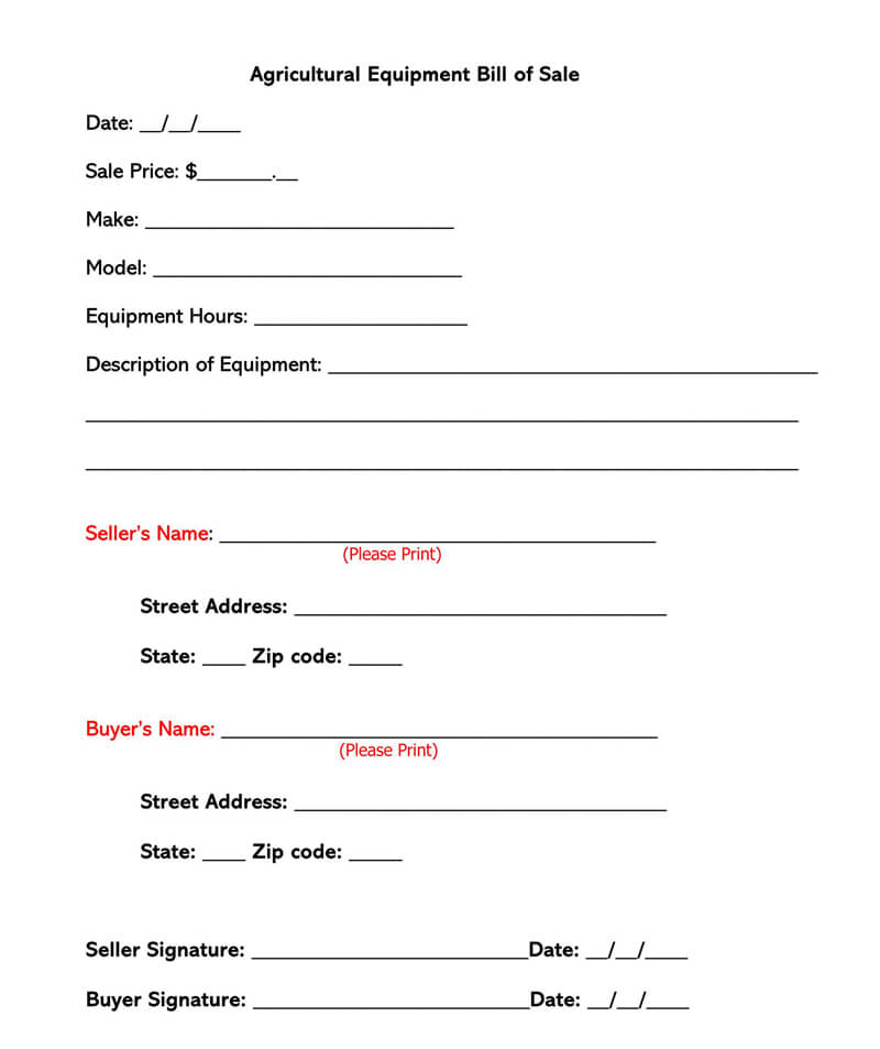Printable Agriculture Equipment Bill of Sale Form as Word File