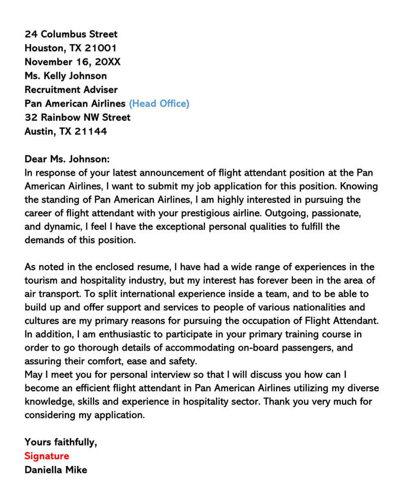 email cover letter flight attendant