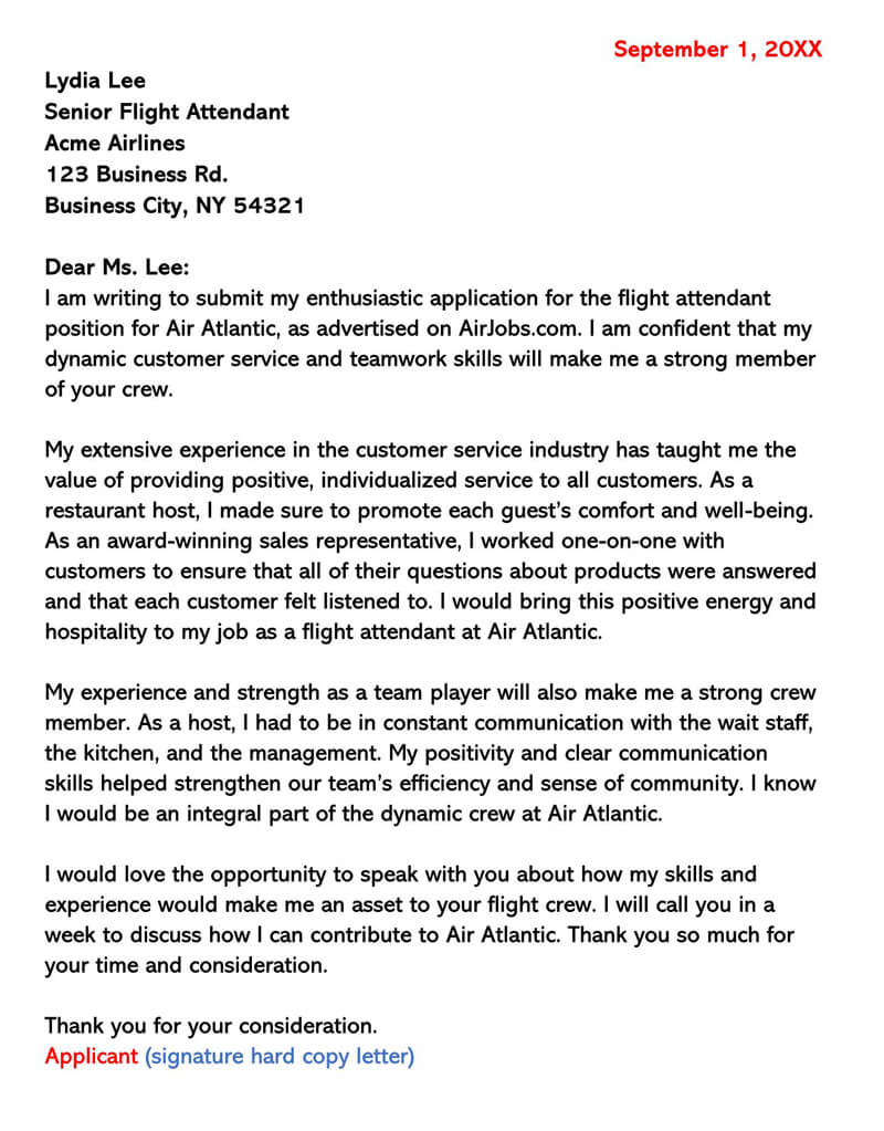 cover letter for flight attendant job sample