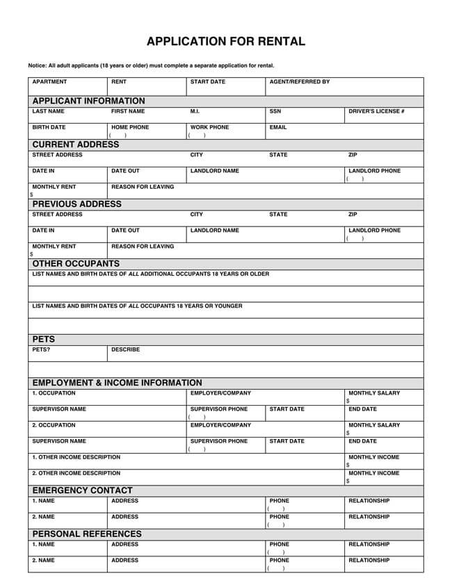 Blank Rental Application Forms Templates (Word PDF)