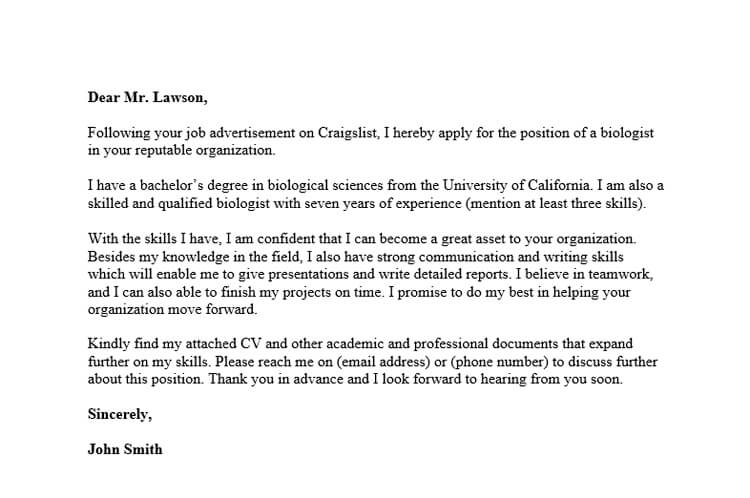 biology teacher cover letter with no experience