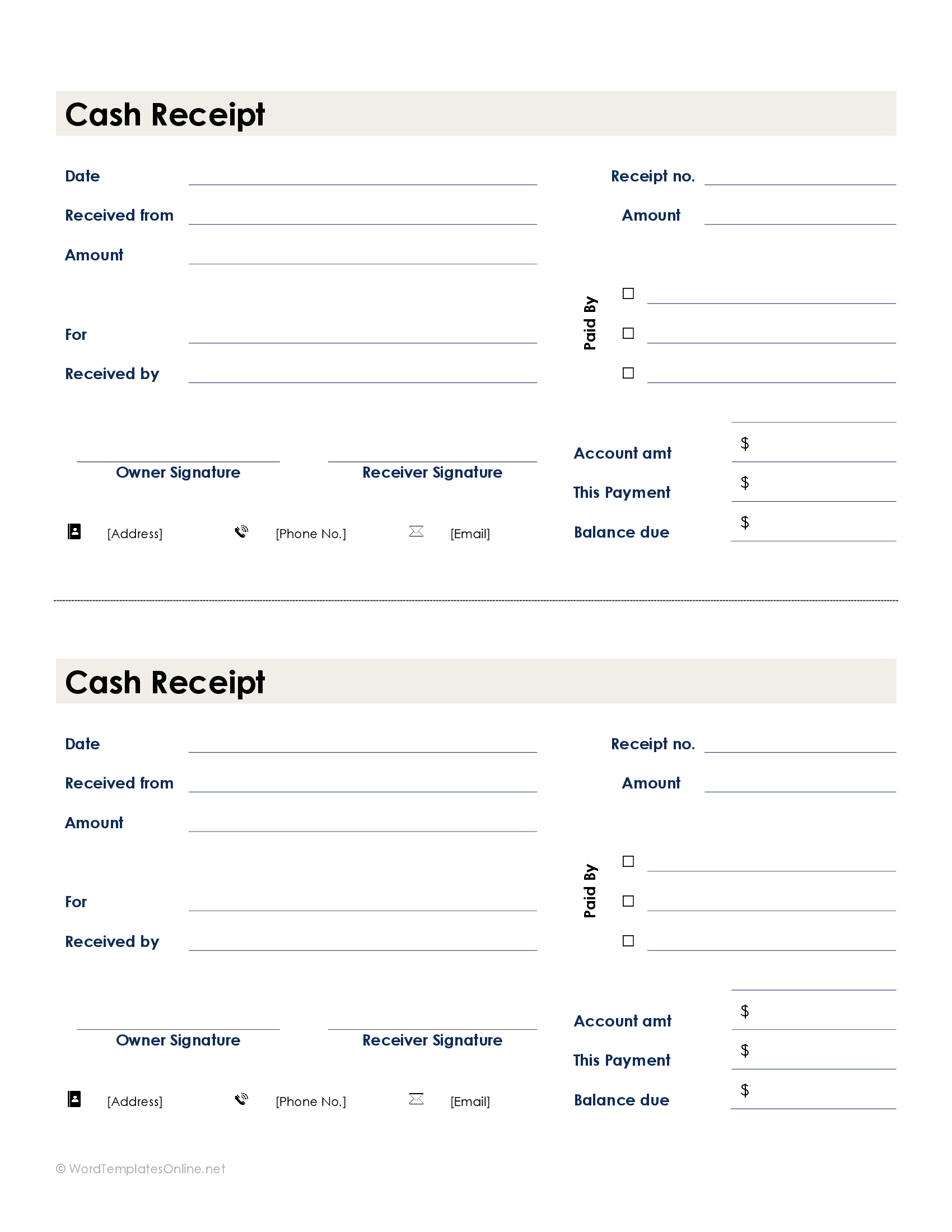 Customizable 2 in 1 Cash Receipt Template 09 for Word Document
