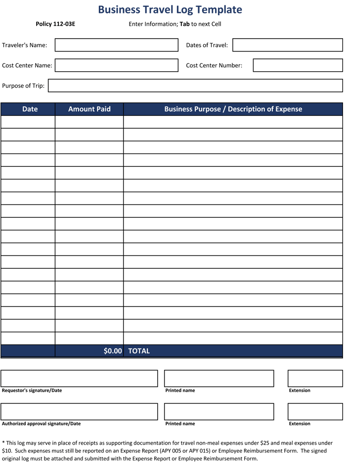 business travel log book template